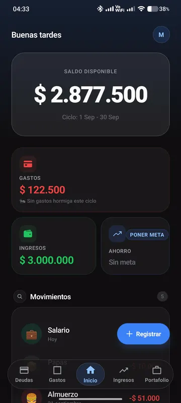 Pantalla de Inicio de HeyCents: saldo disponible, gastos, ingresos y últimos movimientos.